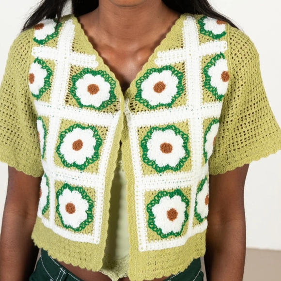 Sweaters - Green Floral Crochet Sweater